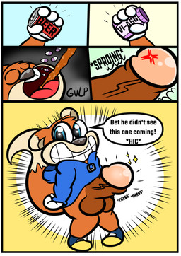 alcohol anthro balls beer beverage big_penis blue_eyes bottomless breaking_the_fourth_wall clothed clothing coat dialogue drugs expansion footwear fur genital_expansion genitals gloves grin handwear huge_penis male partially_clothed partially_clothed_anthro partially_clothed_male penis penis_expansion pills red_body red_fur shoes smile smiling_at_viewer solo speech_bubble teeth text throbbing throbbing_penis topwear kaokaoarts oddkao conker's_bad_fur_day rareware viagra conker red_squirrel_(arsemaus) mammal rodent sciurid tree_squirrel absurd_res comic english_text hi_res
