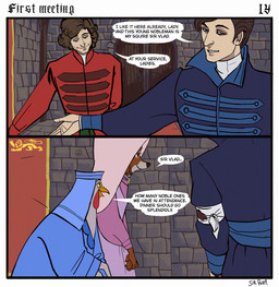 anthro bandage banner beak blood blood_from_wound blood_on_bandage blue_sash bodily_fluids clothing dialogue door double_door eyes_closed female group inside insignia male open_beak open_mouth sash smile standing stone_floor stone_wall wall_(structure) white_bandages wood wood_door wounded sir_paulus disney robin_hood_(disney) lady_kluck maid_marian pavel_(sir_paulus) avian bird canid canine canis chicken fox galliform human mammal phasianid hi_res