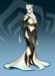 anthro big_breasts blue_eyes breasts clothing dress evening_gown female footwear fur grey_body grey_fur high_heels logo shoes simple_background small_waist solo toughset digital_extremes tencent warframe warframe_logo kubrow mammal hi_res