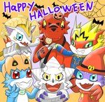 anthro blue_eyes candy clothing costume dessert food grin group halloween_costume holidays horn lollipop male mask mummy_costume mummy_wrappings purple_body red_body red_eyes smile yellow_eyes gammodokimon bandai_namco digimon halloween digimon_(species) gammamon guilmon gumdramon herissmon pulsemon scalie veemon