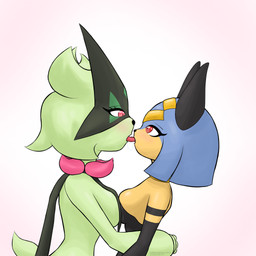 anthro anthrofied biped black_body black_clothing black_dress black_ears black_fur black_nose blue_body blue_fur blush bodily_fluids breast_curtains breast_squish breasts breasts_frottage cape clothing collar dress duo eye_contact eyebrows eyelashes female female/female female_anthro flower_(anatomy) french_kissing fur gold_(metal) gold_collar gold_headwear green_body green_fur green_hair green_mask green_tail hair headgear headwear holding_another kissing looking_at_another mask medium_breasts metal_collar pink_eyes pokemorph red_eyes saliva saliva_string scut_tail short_hair short_tail side_view simple_background squish standing strapless_clothing strapless_dress tail text tongue tongue_out white_background yellow_body yellow_fur additionalespeon333 nintendo palworld pocketpair pokemon felid feline generation_9_pokemon mammal meowscarada pal_(species) pokemon_(species) sekhmet_(pal) 1:1 2026 absurd_res artist_name colored digital_drawing_(artwork) digital_media_(artwork) hi_res shaded