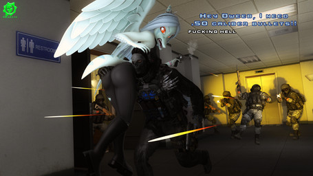 5_fingers amber_eyes anthro black_bottomwear black_clothing black_pants bone_frill boots bottomwear bracelet bubble_butt butt butt_grab carrying_another carrying_partner clothing detailed_background dialogue elbow_feathers eyelashes eyeliner feathered_wings feathers female fingers footwear frill_(anatomy) grey_body grey_feathers grey_hair grey_scales group gun hair hallway halter_top hand_on_butt handgun inside jewelry long_hair makeup male male/female medium_butt military military_uniform pants ranged_weapon revolver running scales sharp_teeth shoes shooting teeth text trio uniform weapon wings gearsassassins aeridiccore_(modeler) activision call_of_duty cavemanon_studios goodbye_volcano_high ko_op_(game_developer) snoot_game fang_(gvh) ghost_(call_of_duty) human mammal prehistoric_species pterosaur reptile scalie 16:9 2023 3d_(artwork) absurd_res artist_name crossover digital_media_(artwork) english_text hi_res huge_filesize source_filmmaker_(artwork) watermark widescreen