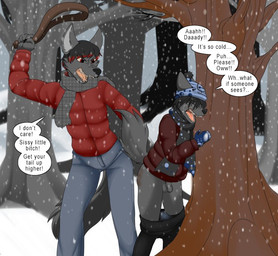 abuse angry anthro bad_parenting belt belting bent_over bodily_fluids butt_slap cold corporal_punishment crying duo_focus flaccid forest forest_background genitals group humanoid_genitalia humanoid_penis humiliation looking_at_another male nature nature_background penis plant profanity punishment red_eyes slap snow snowing spank_marks spanking steam steam_from_mouth tears text tree trio young young_male lobadelaluna canid canine canis mammal wolf english_text father_(lore) father_and_child_(lore) father_and_son_(lore) parent_(lore) parent_and_child_(lore) parent_and_son_(lore) son_(lore)