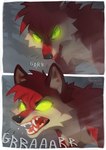 black_nose fangs feral fur green_eyes green_sclera inner_ear_fluff open_mouth plant red_body red_fur snarling solo teeth tongue tree tuft two_panel_image whiskers white_body white_fur reysi canid canine mammal 2024 digital_media_(artwork) signature