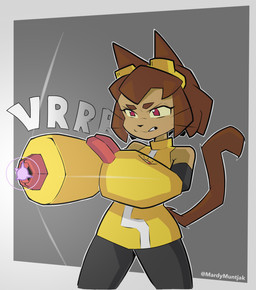 aiming anthro arm_cannon armor border bottomwear brown_body brown_hair charging_up clothed clothing energy eyewear eyewear_on_head female fur goggles hair holding_object holding_weapon mega_buster pants ranged_weapon short_hair simple_background sleeveless_clothing solo sound_effects tail text weapon weapon_arm whiskers white_border yellow_sclera mardymuntjak gameoverse glitch_productions kit_bodega domestic_cat felid feline felis mammal 2026 digital_media_(artwork) hi_res portrait three-quarter_portrait
