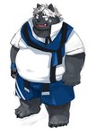 anthro belly big_belly black_body black_nose bottomwear clothing hair humanoid_hands kemono male overweight overweight_male shirt shorts simple_background solo topwear white_hair kita_9999 vtuber kokuba_hoeguro canid canine mammal 2022 absurd_res hi_res