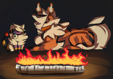 blue_body campfire chest_tuft duo feral fire lying male on_front orange_body orange_scarf scarf sitting striped_ears tuft raster_dreams nintendo pokemon arlean_(raster_dreams) lumens_(raster_dreams) arcanine generation_1_pokemon generation_2_pokemon mareep pokemon_(species) 2025 digital_drawing_(artwork) digital_media_(artwork)