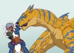 abs ambiguous_gender bite duo feral hunter male stripes wings da_shangzhi_zhi capcom european_mythology monster_hunter mythology dragon flying_wyvern human mammal mythological_creature mythological_scalie pseudowyvern scalie tigrex western_dragon wyvern