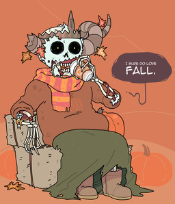 2_horns autumn autumn_leaves bone boots bottomwear clothed clothing crown dialogue footwear headgear horn humor male not_furry pun scarf shoes sitting skirt skull solo speech_bubble sweater teeth text toony topwear discount-supervillain adventure_time cartoon_network the_lich_(adventure_time) humanoid lich undead digital_media_(artwork) english_text warm_colors