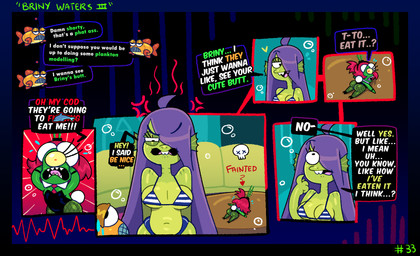 anthro bikini breasts buckteeth butt clothing dialogue duo fainted female female/female fishnet_clothing fishnet_legwear hair hair_over_eye legwear leotard micro purple_hair sharp_teeth size_difference swimwear teeth text two-piece_swimsuit yellow_sclera somescrub nickelodeon spongebob_squarepants briny_waters eelie_applebottom fan_character aquatic cyclops eel fish plankton_(species) 2025 absurd_res comic english_text hi_res