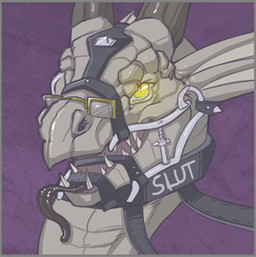 accessory ambiguous_form angry anthro bdsm black_tongue bondage bound degradation eyewear frill_(anatomy) glasses grey_body horn leather male metal muzzle_(object) muzzled open_mouth simple_background slut_collar solo tongue tongue_out yellow_eyes spiritraptor mythology shardfire dragon mythological_creature mythological_scalie scalie icon low_res