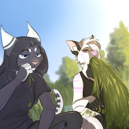 5_fingers anthro biped black_body black_fur black_hair blue_eyes bottomwear breasts claws clothed clothed_anthro clothed_female clothing day duo female finger_claws fingers front_view fully_clothed fully_clothed_anthro fully_clothed_female fur hair open_mouth outside plant red_eyes sitting sky tail topwear tree whiskers white_body white_fur yellow_sclera monstercheetah poison_(dannoitanart) yeenna_(monstercheetah) caracal caracal_(genus) felid feline hyena mammal 1:1 2025 digital_drawing_(artwork) digital_media_(artwork) hi_res