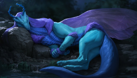 blue_body claws female feral fluffy hair horn insect_wings long_hair lying night on_side paws sitting sleeping solo tail wings sonazith mythology heidi_(the7thprimarch) dragon mythological_creature mythological_scalie scalie 3d_(artwork) digital_media_(artwork) hi_res
