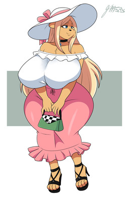 anthro big_breasts blonde_hair blue_eyes bottomwear breasts clothing female fur hair hat headgear headwear huge_breasts skirt solo thick_thighs wide_hips yellow_body yellow_fur jwinkz amara_(jwinkz) bear mammal hi_res