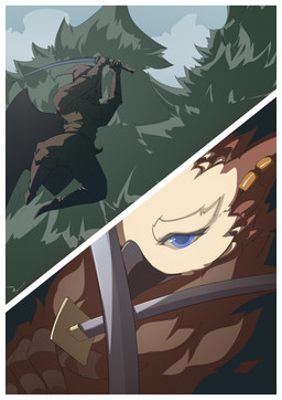 ambiguous_gender anthro attack block border cloak close-up clothing jumping male piercing plant tree weapon white_border okata mythology avian gryphon mythological_avian mythological_creature absurd_res comic hi_res