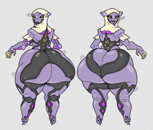 armor big_butt black_markings black_sclera butt clothing duo female huge_butt hyper hyper_butt looking_at_viewer looking_back machine markings nun orange_markings purple_and_black purple_body standing white_clothing domadordedinoss digital_extremes tencent warframe wisp_(warframe) humanoid robot robot_anthro robot_humanoid warframe_(species) hi_res