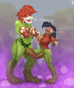 armless assimilation black_hair bodily_fluids corruption dialogue drooling duo eyeless foreskin genitals glistening gynomorph hair humanoid_genitalia humanoid_penis hybrid_genitalia hybrid_penis intersex limb_regression lips merging nipples penis penis_size_difference plant plant_transformation red_hair saliva size_difference text thorns transformation vein mot mario_bros nintendo elemental_creature flora_fauna piranha_plant digital_media_(artwork) english_text hi_res