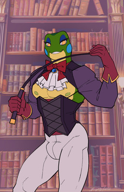 anthro bookshelf bottomwear bow_tie breasts bulge cheek_spots clothing corset exposed_chest femboy furniture gloves half-closed_eyes handwear lingerie male narrowed_eyes pants riding_crop smile smiling_at_viewer solo topwear whip white_bottomwear white_clothing white_pants yellow_eyes naughtyjester amphibian frog 2026 alternate_version_at_source flat_colors hi_res signature