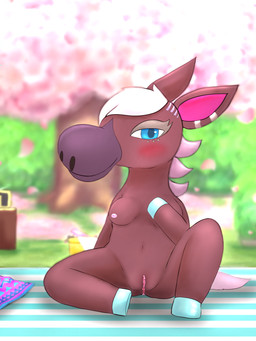 anthro anus big_ears big_nose biped blue_eyes blue_feet blue_hands breasts brown_arms brown_body brown_breasts brown_fur cherry_blossom cherry_blossom_leaves cherry_blossom_tree cherry_tree chibi clitoral_hood clitoris closed_smile clothing day detailed_background discarded_clothing ear_piercing electronics eye_piercing eyebrows eyelashes featureless_feet featureless_hands feet female flower fruit_tree fur genitals grass grey_nose hair hand_on_breast hooves looking_at_viewer mouth_closed navel nipples nude nude_anthro nude_female outdoor_nudity outside picnic picnic_blanket piercing pink_nipples plant prunus_(flower) radio sitting sitting_on_blanket smile smiling_at_viewer solo spread_legs spreading spring_(season) tail tan_eyebrows tree urethra vulva white_hair eiroru animal_crossing nintendo reneigh_(animal_crossing) equid equine horse mammal 2026 3:4 absurd_res digital_drawing_(artwork) digital_media_(artwork) hi_res smaller_version_at_source