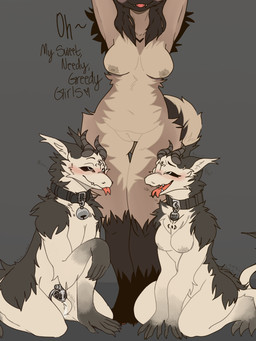anthro balls bell bell_collar bodily_fluids breasts chastity_cage chastity_device collar collar_tag cum female female/female fur genital_fluids genitals group horn male male/female nipples nude penis simple_background text tongue trio hyenashorny mythology dragon hyena mammal mythological_creature mythological_scalie scalie 3:4 digital_drawing_(artwork) digital_media_(artwork) hi_res
