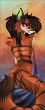 anthro back_focus butt butt_pose clothed clothing female halo looking_at_viewer outside partially_clothed pose sky solo harecandy perx karabela angel canid canine canis hybrid mammal wolf 2d_animation animated digital_media_(artwork) motion_tweening no_sound short_playtime webm