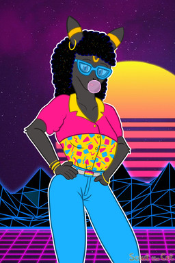 1980s_theme anthro belt black_body black_fur blowing_bubble_gum blue_clothing bracelet breasts bubble_gum candy clothing collared_shirt dessert ear_piercing ear_ring eyewear female food fur grey_body grey_fur gum hand_in_pocket hand_on_hip jewelry lgbt_pride markings pansexual_pride_clothing pansexual_pride_colors perm piercing pink_clothing pockets pride_colors retro ring_(marking) ring_piercing shirt solo sparkles sparkling_clothing sunglasses synthwave topwear yellow_body yellow_clothing yellow_fur scoutthecat02 nintendo pokemon julie_cassels eeveelution generation_2_pokemon pokemon_(species) umbreon hi_res