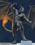 abs anthro anthrofied biceps blue_eyes claws digitigrade fire flaming_tail gradient_background horn looking_at_viewer male membrane_(anatomy) membranous_wings muscular muscular_male navel nipples pecs pose simple_background solo tail teeth text toe_claws wings valentinapaz mythology nintendo pokemon charizard dragon generation_1_pokemon mythological_creature mythological_scalie pokemon_(species) scalie hi_res shaded signature url