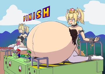 5_fingers armband belly big_belly blonde_hair blue_eyes blush bodily_fluids bound bracelet breasts chain chained clothed clothing collar crown ear_piercing eyebrows eyelashes eyes_closed female female_focus fingers gore group hair headgear horn humanoid_pointy_ears inflation jewelry legwear looking_at_another navel open_mouth piercing pointy_ears ponytail shell sitting spiked_armband spiked_bracelet spiked_collar spiked_shell spiked_tail spikes spikes_(anatomy) square_crossover super_crown tail tears teeth thick_eyebrows thigh_highs torn_clothing colucolu bowsette_meme mario_bros mario_party nintendo bowser luigi mario animal_humanoid human humanoid koopa_humanoid mammal scalie scalie_humanoid absurd_res hi_res meme brother_(lore) brothers_(lore) sibling_(lore) twins_(lore)
