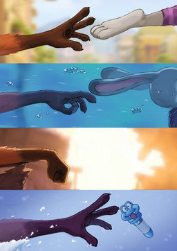 anthro anti-venom_pen bubble claws duo epipen feet female fingers fur grey_body grey_fur long_ears male toes underwater water nyeong disney zootopia judy_hopps nick_wilde canid canine european_rabbit fox lagomorph leporid mammal oryctolagus rabbit red_fox true_fox digital_media_(artwork) hi_res