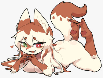 anthro bent_legs big_breasts breast_squish breasts butt fangs feet female female_anthro fingers_together fluffy_ears green_eyes hair hair_between_eyes heart_symbol heterochromia long_hair looking_at_viewer lying multicolored_body no_shoes on_front open_mouth raised_tail red_eyes simple_background solo squish tail teeth two_tone_body white_background tofffffu soybean_(tofffffu) canid canine fox mammal absurd_res hi_res