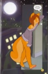 3_toes anthro barefoot bottomless brown_hair clothed clothing clubstripes comic digital_media_(artwork) eyes_closed feet female fur hair hi_res mammal miu moon night orange_body orange_fur pawpads peaches_(miu) pink_pawpads rodent sciurid soles speech_bubble sweater tired toes topwear tree_squirrel