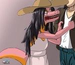 black_hair bodily_fluids bottomwear clothing crying denim denim_bottomwear denim_clothing dress faceless_character faceless_male female hair hat headgear headwear jacket jeans male pants pink_body straw_hat sundress tears topwear yellow_eyes drqube human kobold mammal scalie