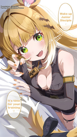 accessory animal_ears armwear bed belt black_armwear black_bottomwear black_clothing black_shorts blonde_hair blush bottomwear breasts cleavage clothed clothing collared_shirt colored_nails cute_fangs dress_shirt fangs female fluffy_ears furgonomics furniture green_eyes grey_dress_shirt hair heart_symbol long_hair lying medium_breasts musical_note musical_symbol nails on_side open_mouth orange_nails ribbons shirt shorts solo speech_bubble striped_hair symbol tail tail_accessory tail_ribbon teeth topwear waking_up white_hair kitaharatomoe mihoyo zenless_zone_zero ju_fufu animal_humanoid humanoid absurd_res hi_res