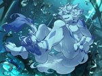 anthro blue_body blue_fur blue_markings blue_mouth blue_pawpads blue_paws blue_tongue fur horn logo male markings nude partially_submerged pawpads solo text tongue white_body konguzai absurd_res artist_logo artist_name hi_res