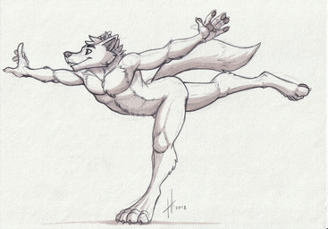 animal_genitalia anthro athletic athletic_anthro athletic_male barely_visible_genitalia barely_visible_sheath claws finger_claws genitals male male_anthro nude pawpads pecs sheath side_view simple_background smile solo standing tail toe_claws hufnaar canid canine mammal 2018 dated hi_res monochrome sketch