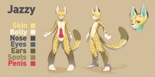 anthro balls genitals knot knotted_penis male penis solo text ratcha jazzy_(ratcha) felid feline mammal serval english_text model_sheet
