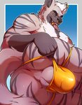 anthro anus ball_tuft balls barbell_piercing biceps big_butt bodily_fluids bulge butt chest_tuft circular_barbell_piercing clothing clothing_pull ear_piercing ear_ring facial_piercing fur genitals grey_body grey_fur hair looking_at_viewer male mature_anthro mature_male muscular muscular_anthro muscular_male nose_piercing nose_ring open_mouth perineum piercing presenting ring_piercing saliva septum_circular_barbell septum_piercing simple_background solo stripes teeth tongue tuft underwear underwear_pull white_body white_fur white_hair knuxlight paradisebear big_papa_(paradisebear) hyena mammal striped_hyena digital_media_(artwork) hi_res