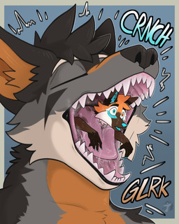 bodily_fluids cracking crunch crush crushing_sound_effect male oral_crush oral_vore saliva saliva_on_tongue size_difference steam steamy_breath swallowing swallowing_sound_effect vore arkailart canid canine canis mammal maned_wolf wolf 4:5 absurd_res hi_res