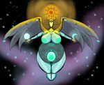 divinity dream female glowing glowing_markings markings moon pregnant sky solo star sun wings vwpologt angel deity humanoid eyes hi_res