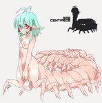 accessory breasts covering covering_crotch crawling feet female green_hair hair hair_accessory long_body long_ears monster_girl_(genre) multi_breast multi_leg multi_limb navel nipples not_furry red_eyes short_hair silhouette solo text toes what_has_science_done amano_(pixiv) arthropod boobipede centipede insect myriapod 2015