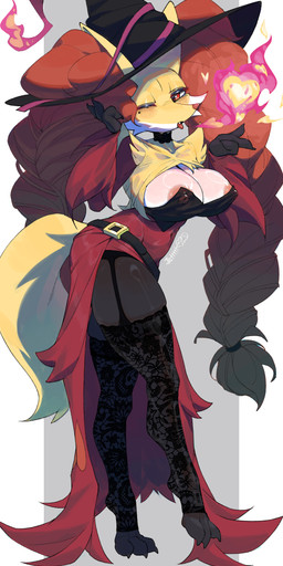 3_fingers 3_toes anthro areola belt big_breasts black_body blush blush_lines body_blush braided_hair breasts choker cleavage cleavage_overflow clothed clothing eyelashes feet female female_anthro fingers flame_heart fur glistening glistening_breasts hair hat headgear headwear heart_symbol ineffective_clothing jewelry lace lace_choker lace_stockings looking_at_viewer navel necklace nipple_outline nipples one_eye_closed pokemorph simple_background skimpy small_waist solo standing toes tongue tongue_out white_background white_body white_fur wink winking_at_viewer witch_hat yellow_body yellow_fur fuli_jeffery nintendo pokemon delphox generation_6_pokemon pokemon_(species) 2026 absurd_res digital_media_(artwork) hi_res signature