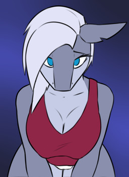 anthro blue_background blue_eyes breasts cleavage clothed clothing female gradient_background hair looking_at_viewer non-mammal_breasts notched_ear shirt simple_background solo tank_top topwear underwear white_hair thermalcake aquatic fish shark hi_res