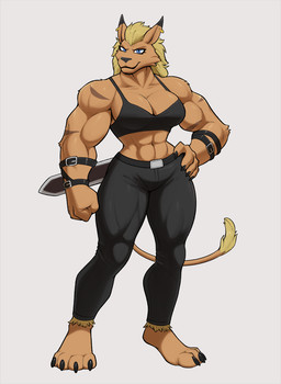 abs anthro biceps blonde_hair bottomwear bra clothing crossgender ear_piercing female hair muscular muscular_anthro muscular_female pants paws piercing scar solo tail underwear badroy bandai_namco digimon digimon_(species) felid leomon lion mammal pantherine