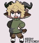 blonde_hair blue_eyes bottomwear brown_body brown_fur chibi clothing curled_hair fur green_clothing green_sweater green_topwear hair hands_on_hips horn khaki_pants male shorts simple_background smile solo sweater tail teeth topwear turtleneck seedy_stitches_(artist) mauce_(seedy_stitches) faun humanoid satyr digital_media_(artwork) pixel_(artwork)