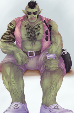 body_hair bulge chest_hair fraternity hairy male not_furry solo tattoo rashirou orcish_frat_boy humanoid orc hi_res