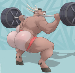 abstract_background anthro antlers back_muscles barazoku barbell biceps big_butt big_muscles biped blue_background bodily_fluids brown_body brown_fur bubble_butt butt clenched_teeth clothed clothing crouching exercise eyebrows fingers fur hair holding_object hooved_fingers hooves horn huge_butt huge_muscles jockstrap jockstrap_only looking_back male male_anthro manly muscular muscular_anthro muscular_male rear_view simple_background solo squats sweat tail teeth thick_arms thick_thighs topless topless_anthro topless_male tuft underwear underwear_only unguligrade weightlifting workout tylerstark vance_sloan deer mammal 2025 absurd_res hi_res