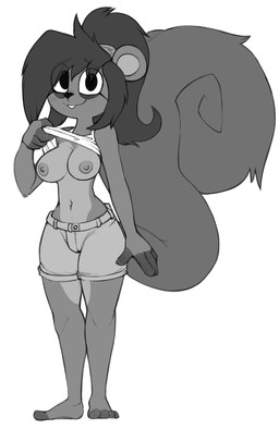 anthro areola big_tail blush bottomwear breasts clothed clothing clothing_lift eye_bags female female/female fur fur_tuft hair looking_at_viewer midriff navel nipples ponytail shirt shorts simple_background smile solo standing tail tank_top tired topwear tuft white_background mcsweezy izzy_(buxy) american_red_squirrel mammal pine_squirrel roden rodent sciurid tree_squirrel absurd_res digital_drawing_(artwork) digital_media_(artwork) full-length_portrait greyscale hi_res monochrome portrait