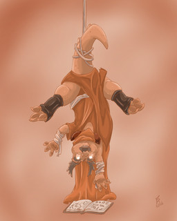anthro bdsm bondage book bound clothed clothing horn male open_mouth orange_body restraints robe rope rope_bondage solo tail trapped upside_down flinters cabal_(triskavanski) kobold scalie 2026 4:5 hi_res