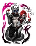 anthro biped blue_eyes breasts container cup drinking_glass duo female glass glass_container glass_cup glowing glowing_eyes hair lips male navel red_eyes red_hair smile text wine_glass sleepyhelen lagomorph leporid mammal rabbit 2021 english_text hi_res