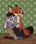 anthro clothed clothing duo female hug male male/female one_eye_closed open_mouth shirt tank_top topless topwear holmssie disney zootopia judy_hopps nick_wilde canid canine fox lagomorph leporid mammal rabbit red_fox true_fox absurd_res hi_res